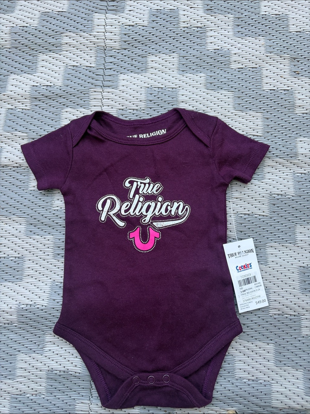 True Religion Purple Baby Bodysuit with Pink Logo Accent